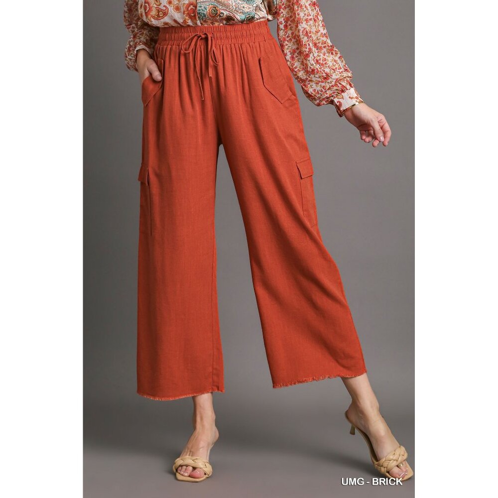 Umgee Umg-Brick Linen Blend Cargo Frayed Hem Side Pockets Pants